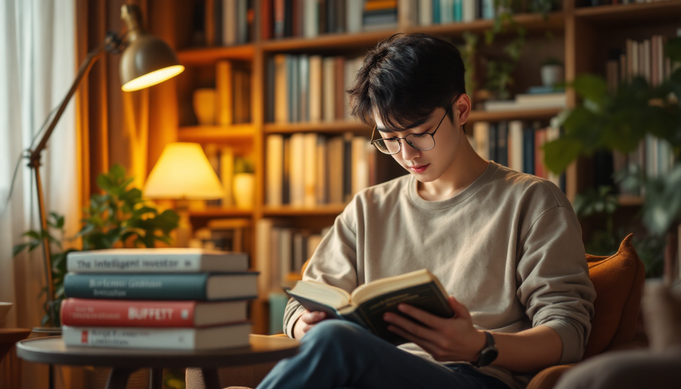 투자 관련 서적들을 읽고 있는 한국인의 독서 공간