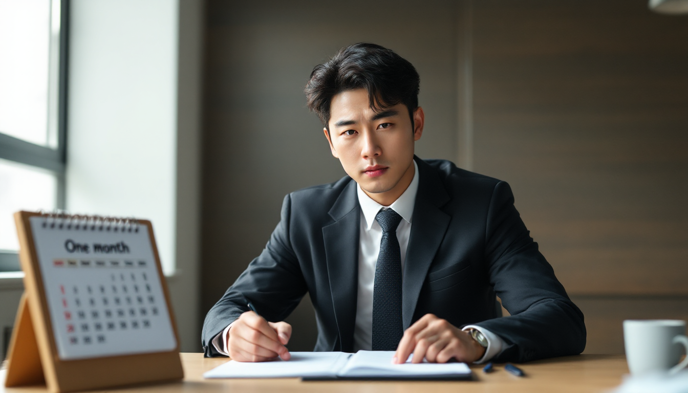 한 달이 표시된 달력과 20일 돌파 노트가 있는 공책 옆에 서 있는 결의에 찬 한국인 트레이더