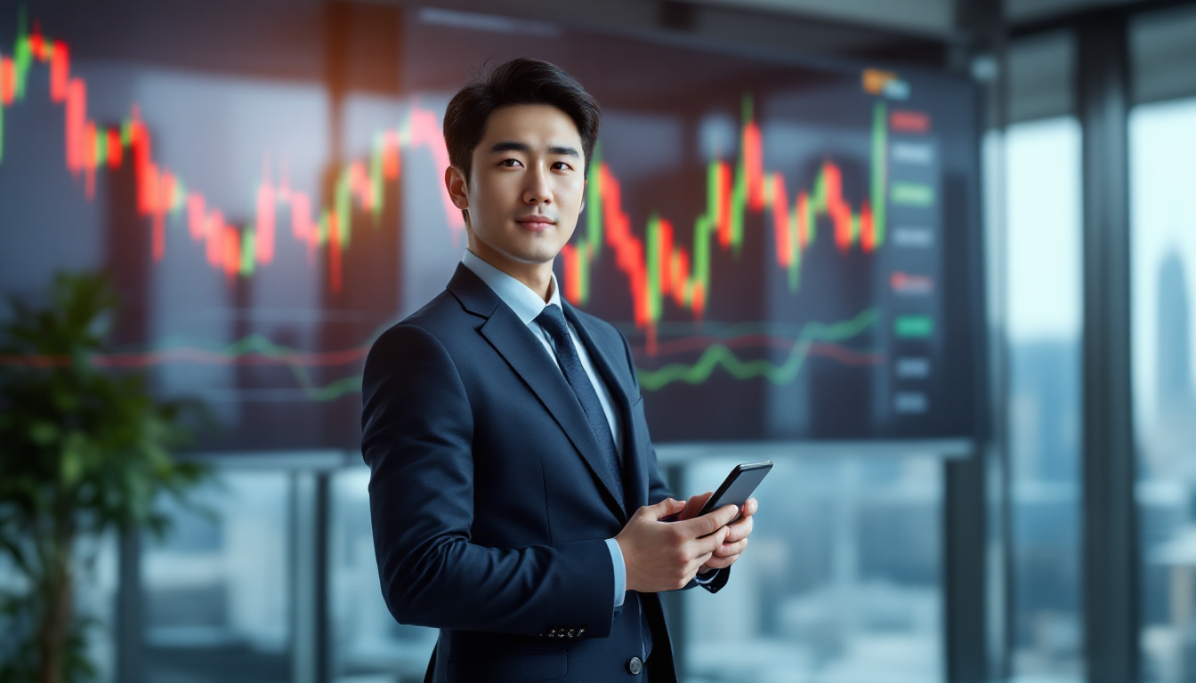 시장 변동성 앞에서 자신감 있게 서 있는 한국 직장인과 투자 차트