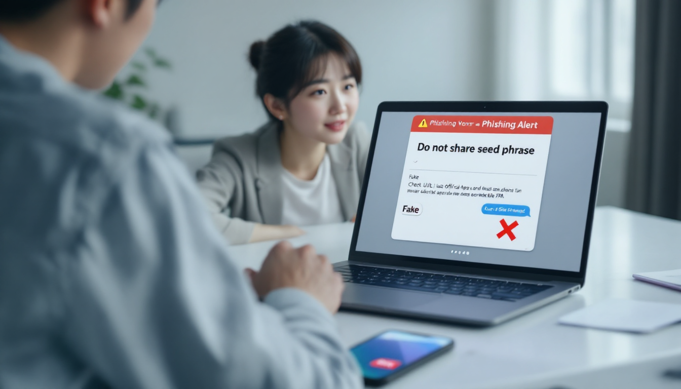 피싱 경고 메시지를 무시하고 공식 채널만 확인하라는 영어 안내와 함께 의심스러운 연락을 거부하는 한국인.