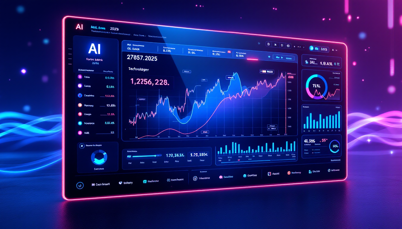 2025년 주식시장 전망과 AI, 반도체 기술 관련 데이터를 보여주는 미래형 디스플레이