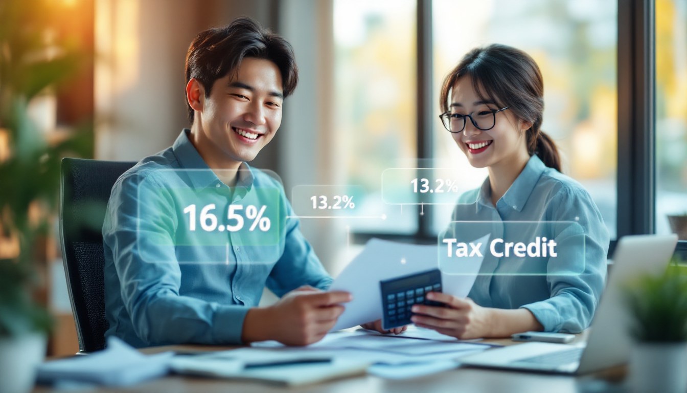 세액공제 혜택을 강조하는 세금 서류와 계산기를 들고 있는 직장인 모습, 16.5%·13.2% 수치가 인포그래픽으로 강조된 장면