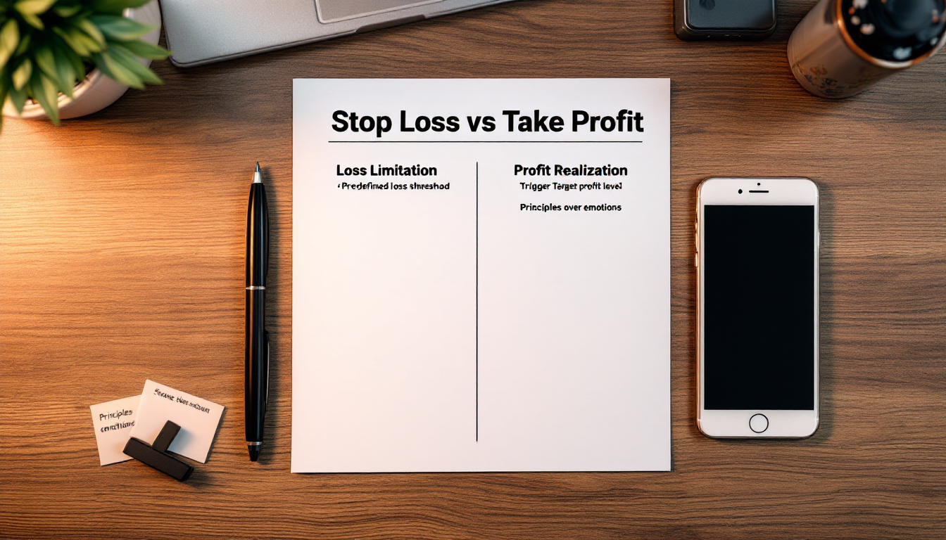 목재 책상 위에 Stop Loss vs Take Profit 제목의 두 칼럼 요약 문서와 펜이 놓여 있는 사진
