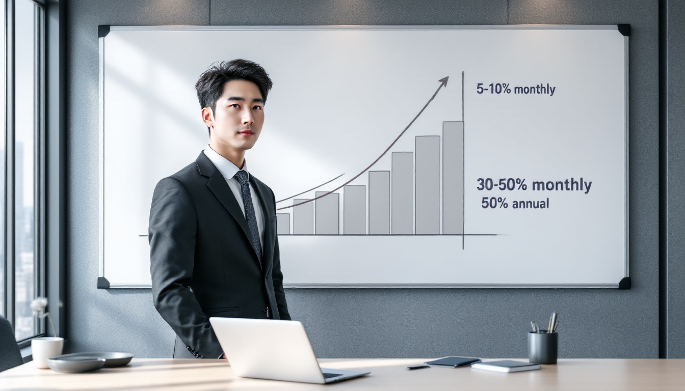 성장 곡선과 월별 목표 다섯에서 열 퍼센트 연간 목표 삼십에서 오십 퍼센트가 영어로 적힌 화이트보드 앞의 한국인 트레이더