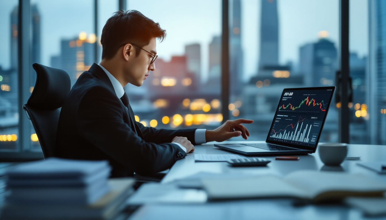 배당금 계산을 위해 노트북과 계산기를 사용하는 한국인 직장인의 모습