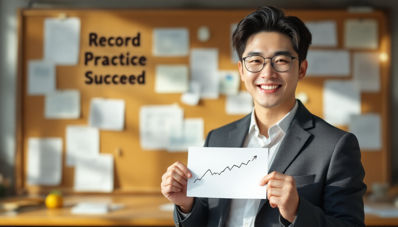 상승 추세 차트 인쇄물을 들고 있고 뒤에 매매 일지와 메모가 붙은 코르크보드가 있는 한국인 트레이더