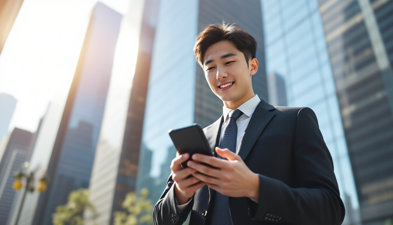 주식 투자의 첫걸음을 시작하는 젊은 한국인 직장인이 스마트폰으로 주식 앱을 보고 있는 모습