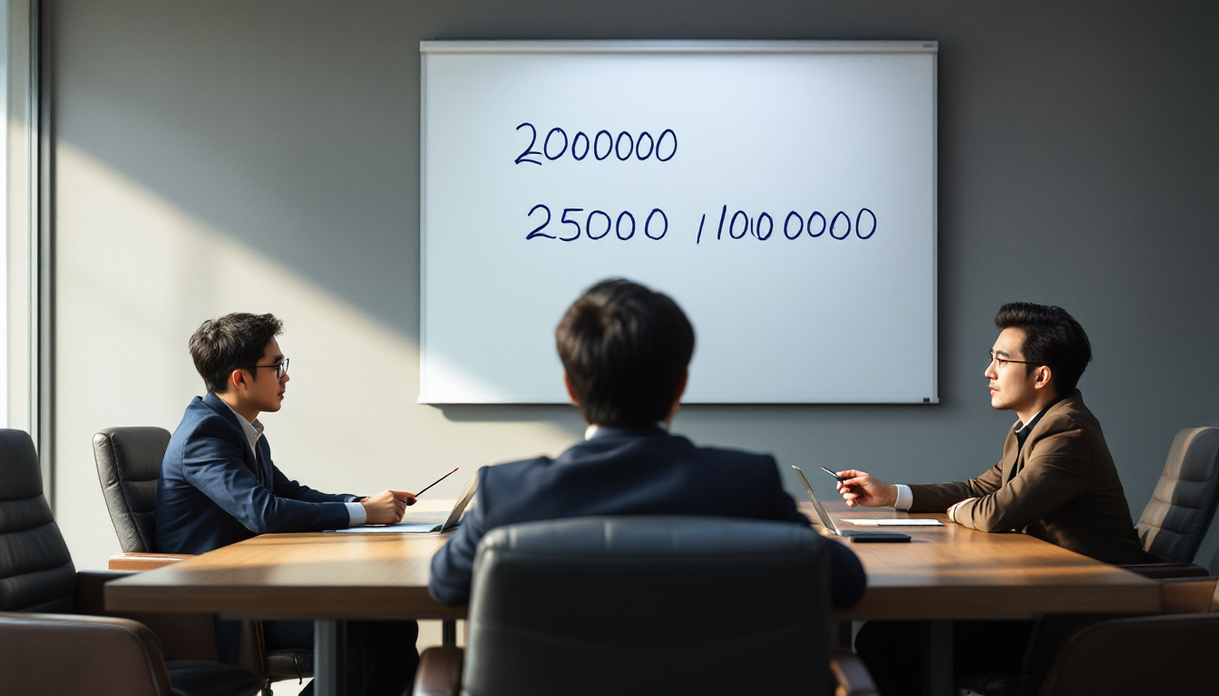 백보드에 200000 250000 1000000 숫자 목표가가 적힌 채 토론하는 한국인 애널리스트들