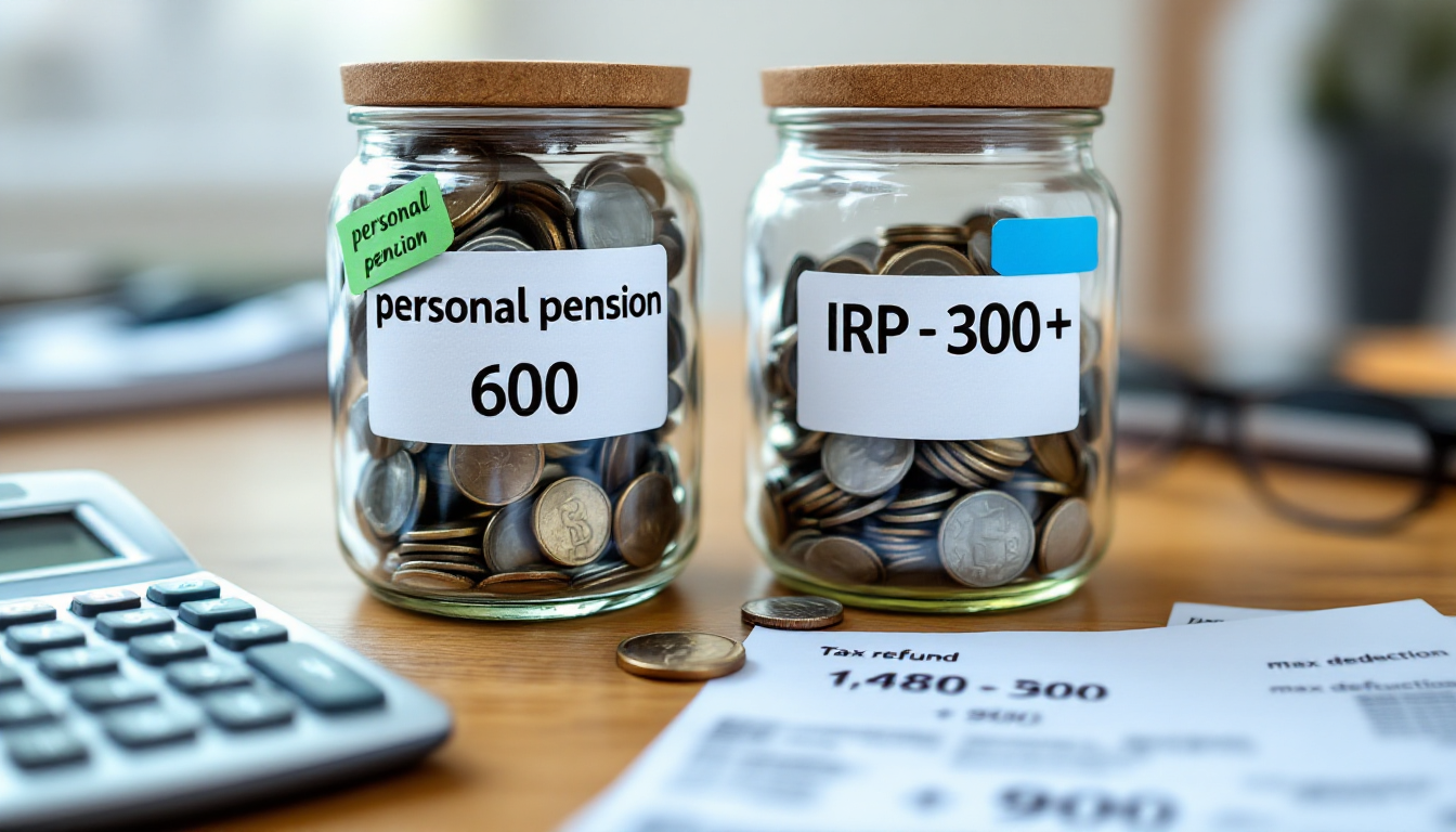 개인연금 600만 원과 IRP 300만 원을 상징하는 동전 항아리 두 개와 계산기, '600+300=900' 세액공제 최적 전략을 보여주는 장면