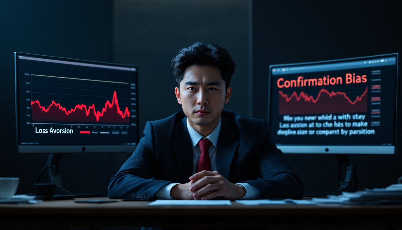 한쪽 화면에 손실 차트 다른 쪽에 긍정적 뉴스가 표시된 모니터를 보며 고민하는 한국인 트레이더
