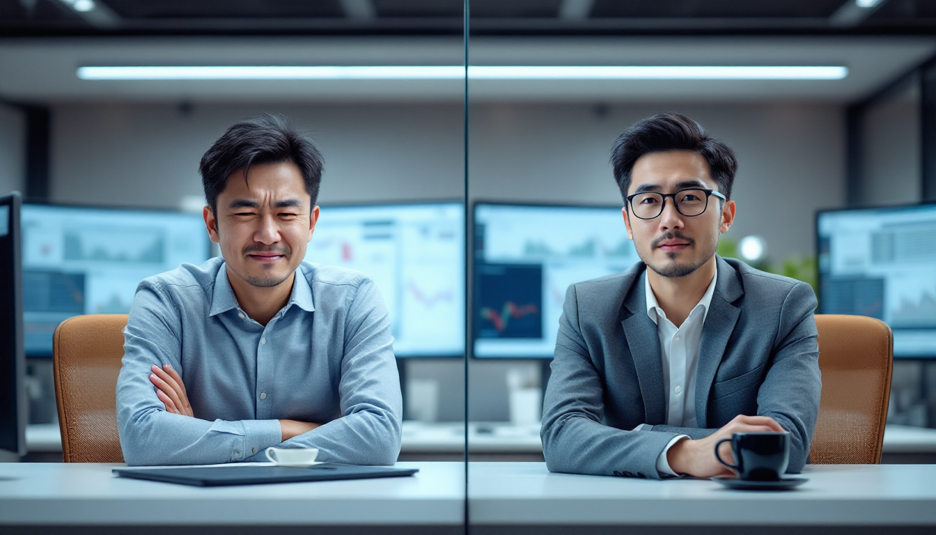 일괄매수와 분할매수를 비교하는 두 투자자의 모습