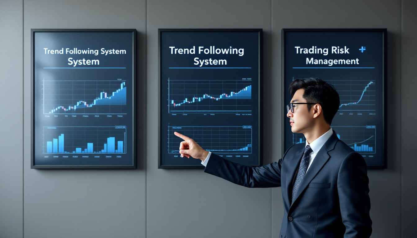 세 가지 철학 Trend Following System Trading Risk Management을 설명하는 패널 앞의 한국인 트레이더 이미지