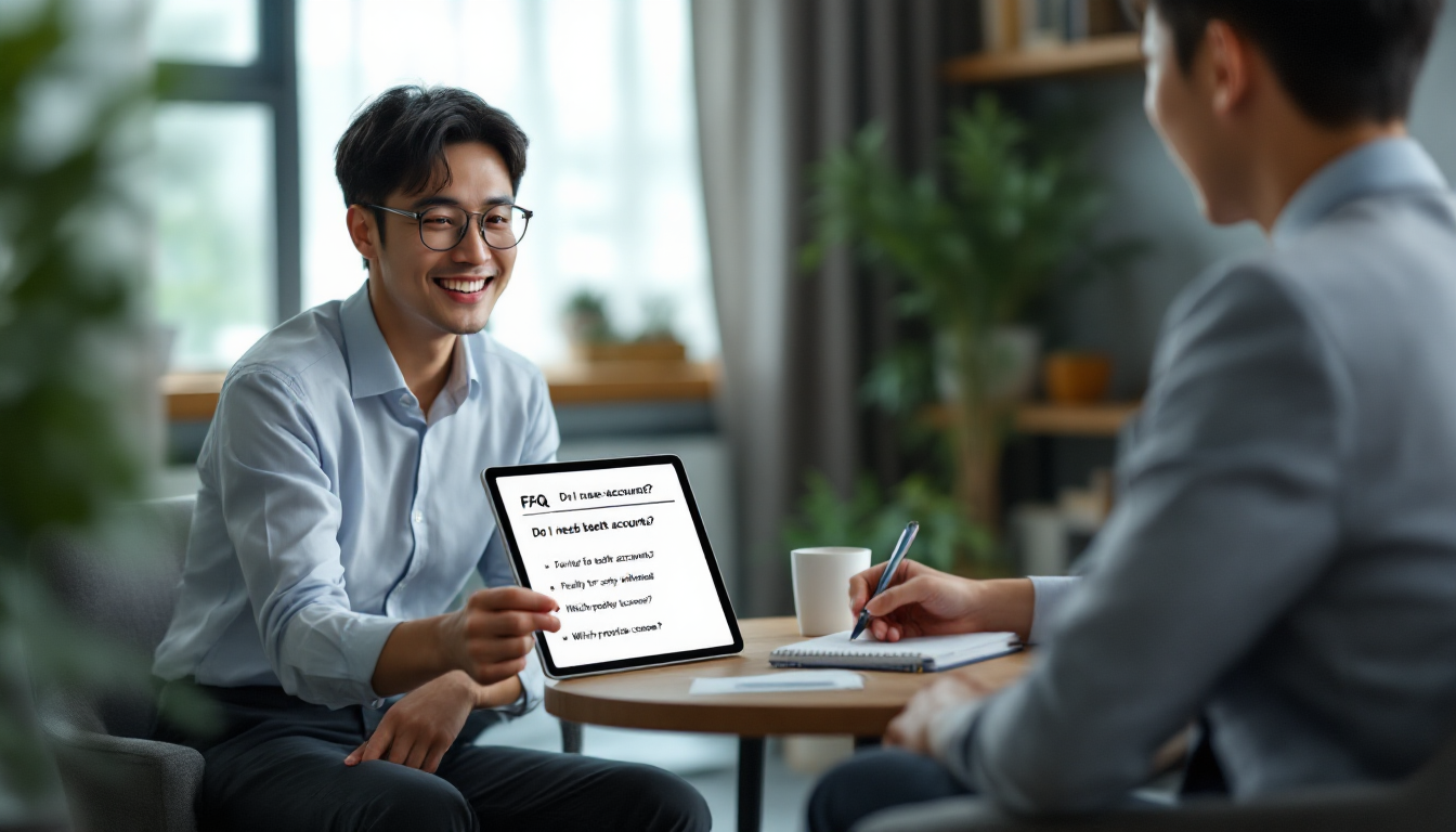 금융 상담사가 고객에게 연금 관련 FAQ를 태블릿으로 설명하는 장면, 친근하고 전문적인 상담 분위기