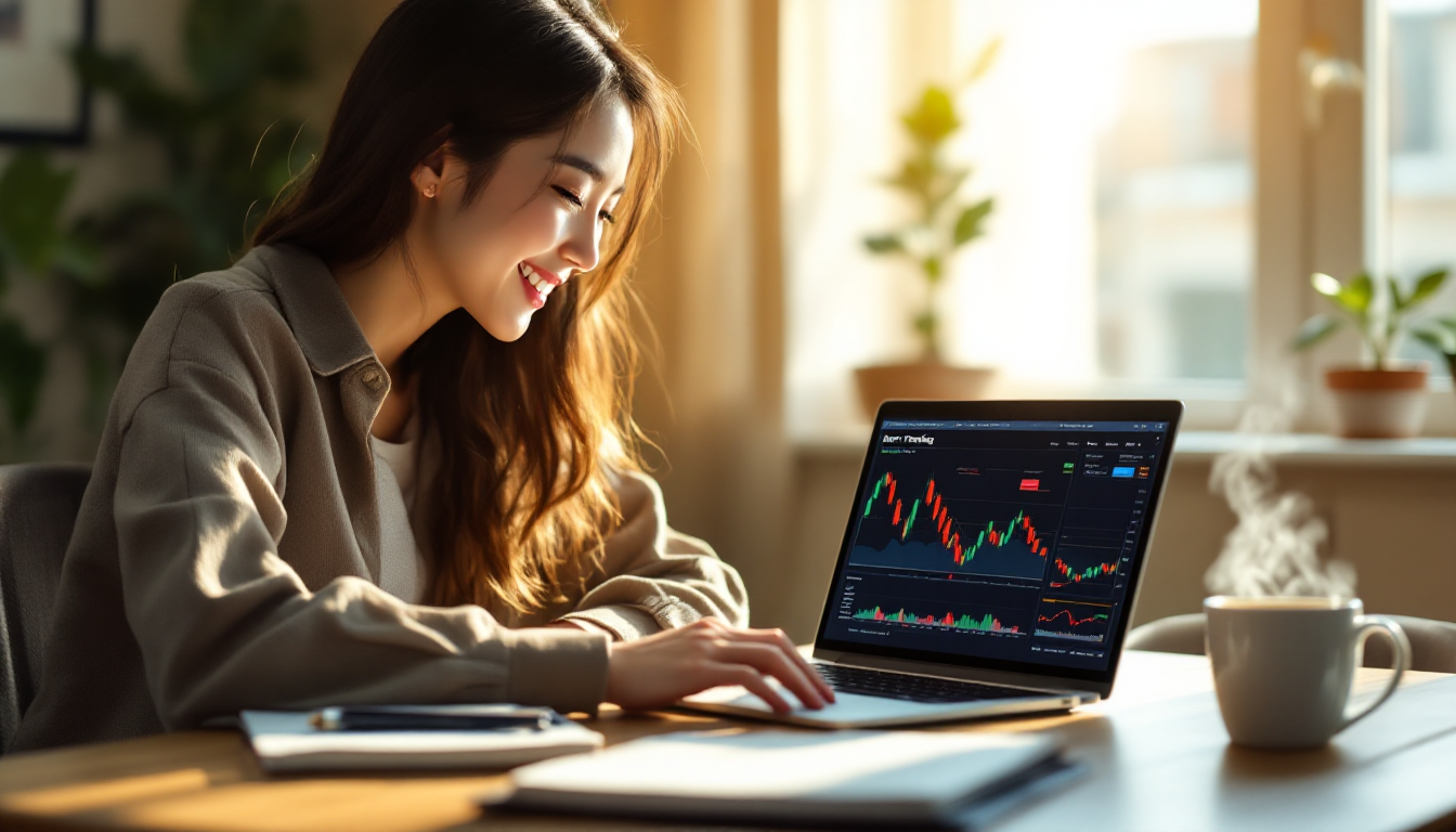 한국인 여성이 모의 투자 플랫폼 Paper Trading Practice를 사용하며 미소짓는 실사 이미지