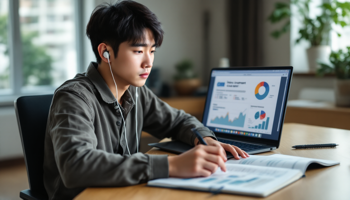 온라인 주식 투자 강의를 수강하며 노트를 작성하는 한국인 학습자