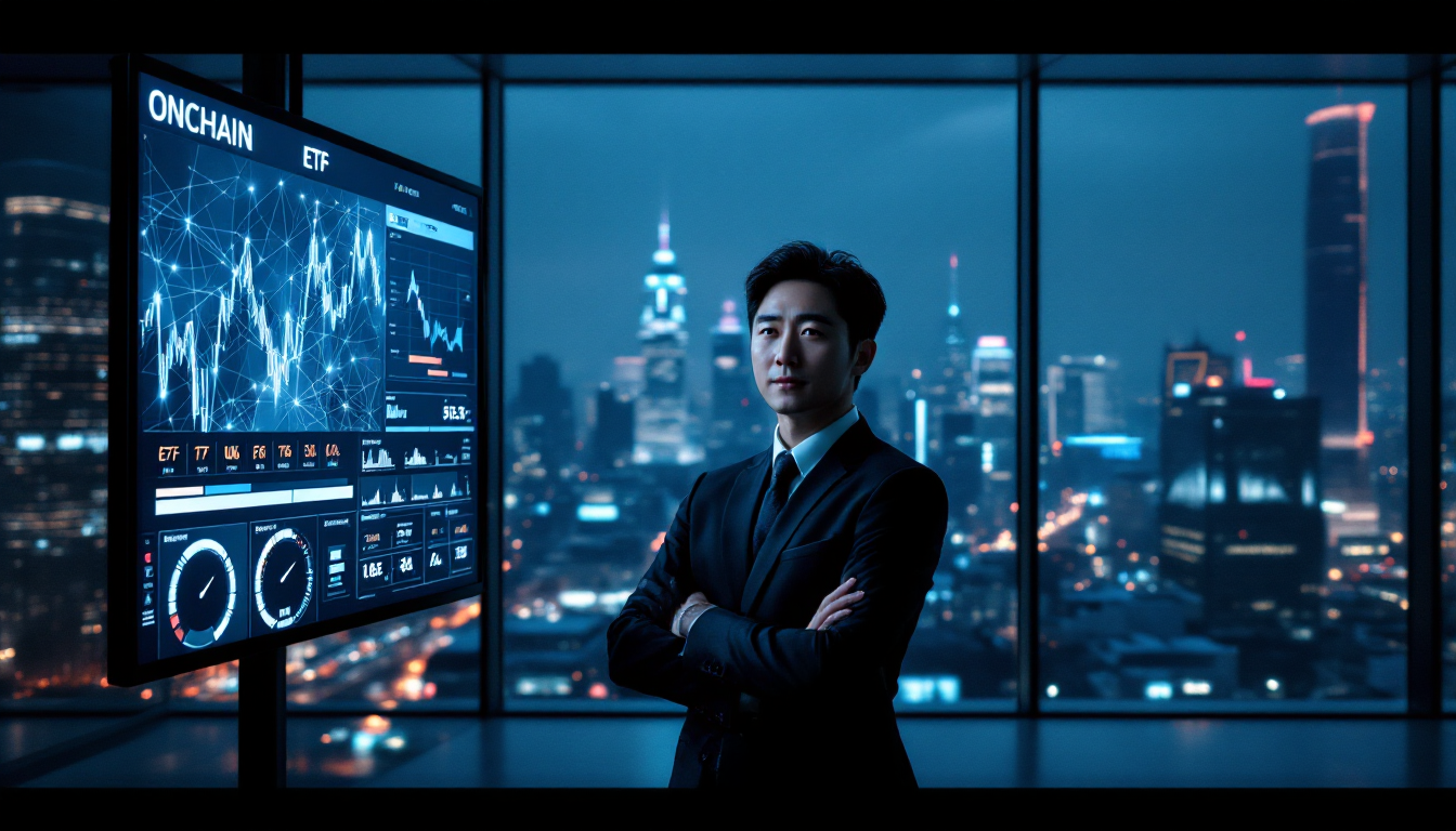 온체인 시각화와 ETF 흐름 화면을 앞에 두고 자신감 있게 서 있는 한국인 전문가