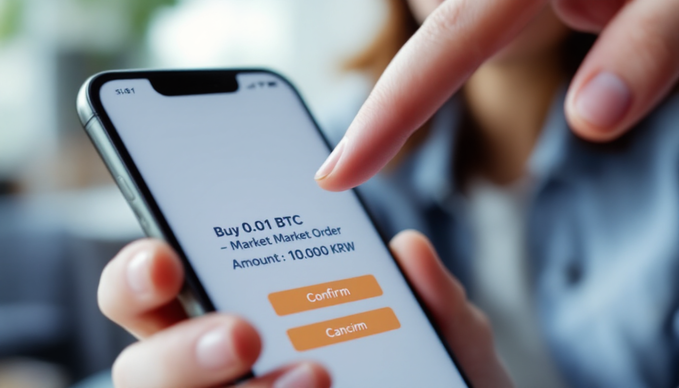 스마트폰 거래 앱에서 'Buy 0.001 BTC — Market Order' 확인 화면을 보며 확인 버튼에 손을 올린 한국인.