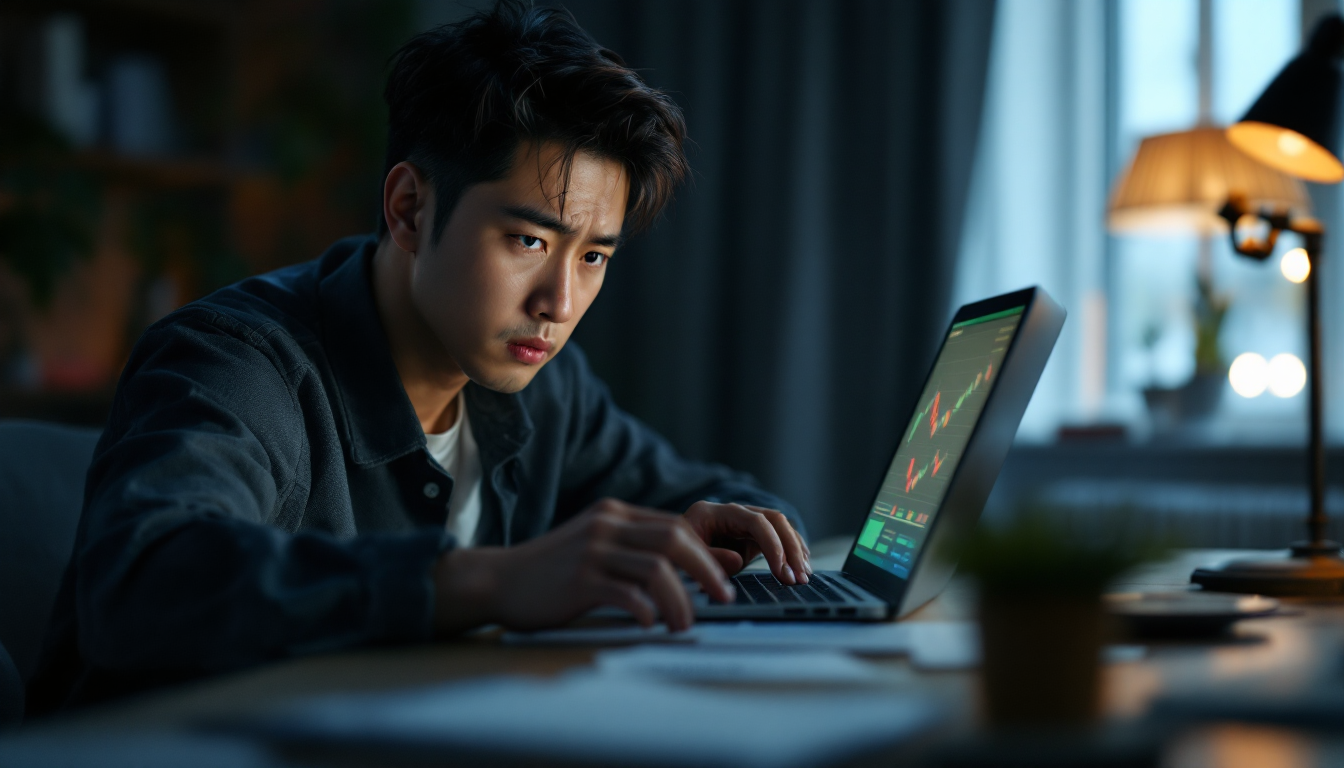 초조한 한국인 개인투자자가 빨간 캔들 차트를 바라보며 노트북에 Stop Loss 메모가 붙어 있는 모습