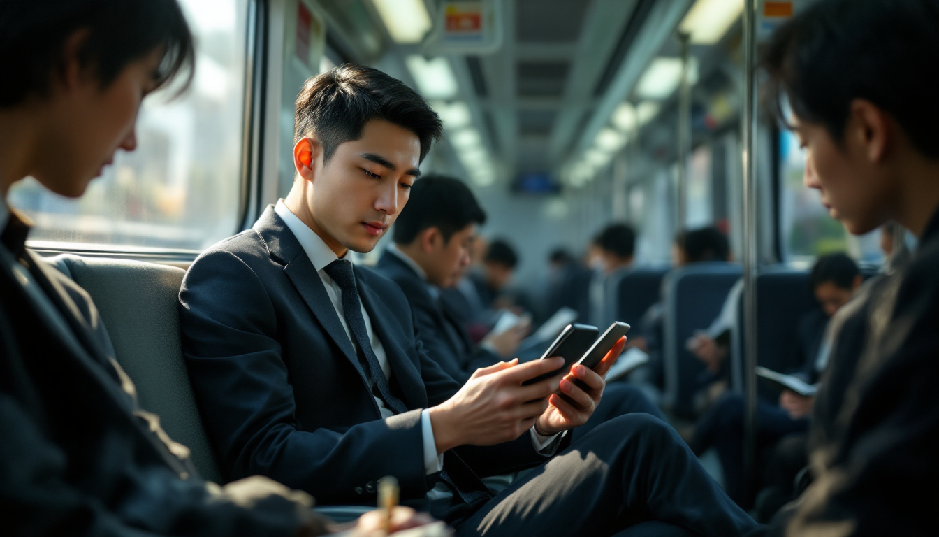 출퇴근 중 스마트폰으로 투자 정보를 확인하는 직장인