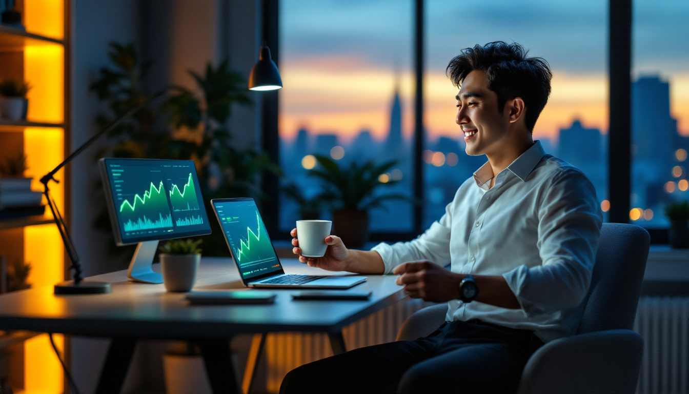 투자 수익을 확인하며 기뻐하는 직장인