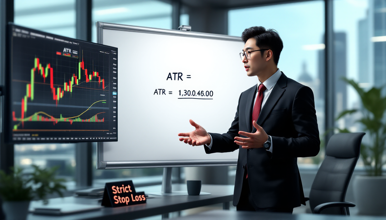 화이트보드에 ATR 공식과 추세추종 차트가 보이고 엄격한 손절 규칙 영문 텍스트가 있는 한국인 트레이더