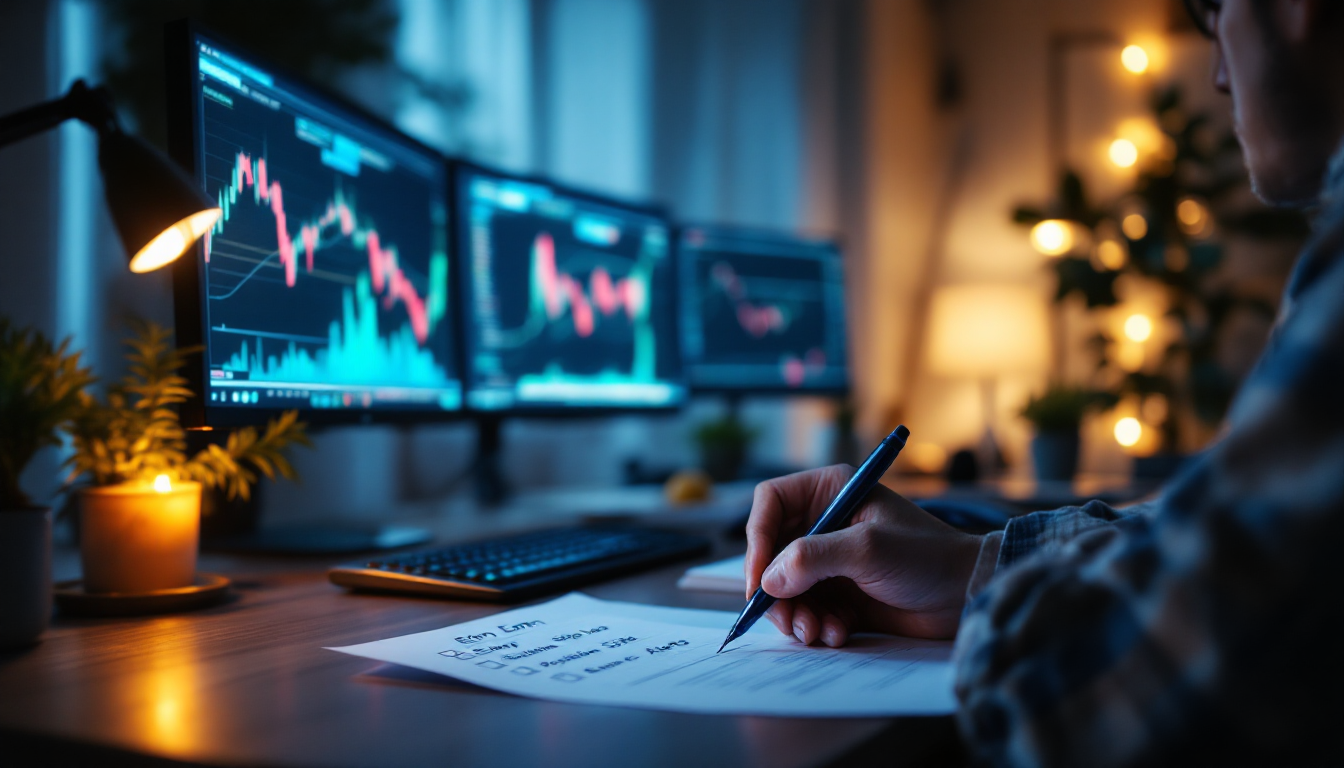 한국인 트레이더가 집무실에서 차트와 Entry Stop Loss Position Size Alerts 체크리스트로 거래 계획을 세우는 야간 장면