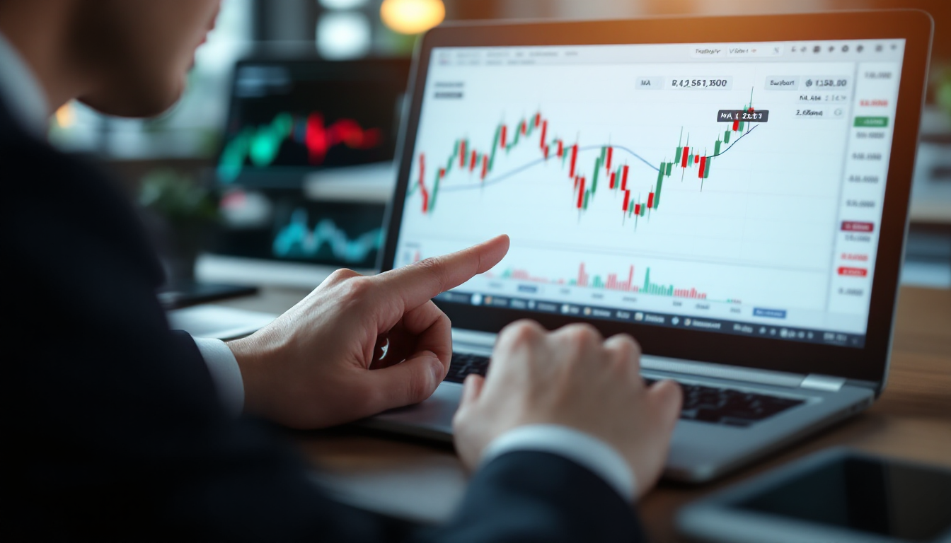 한국인 트레이더가 노트북에서 캔들 차트와 MA RSI MACD 지표를 가리키는 근접 촬영 이미지
