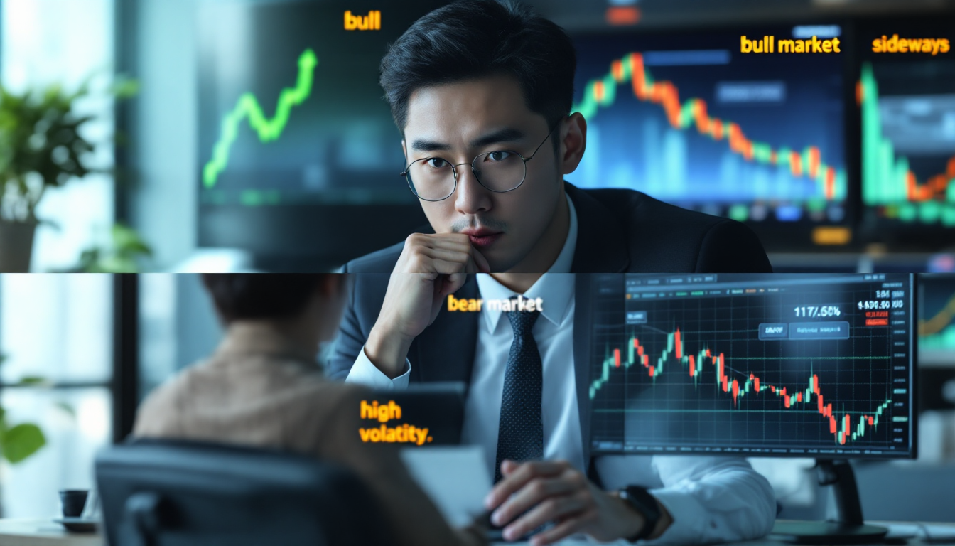 시장 국면별 네 패널 장면, 상승장 하락장 횡보장 변동성 장면이 각각 한국인 트레이더와 함께 시각화됨