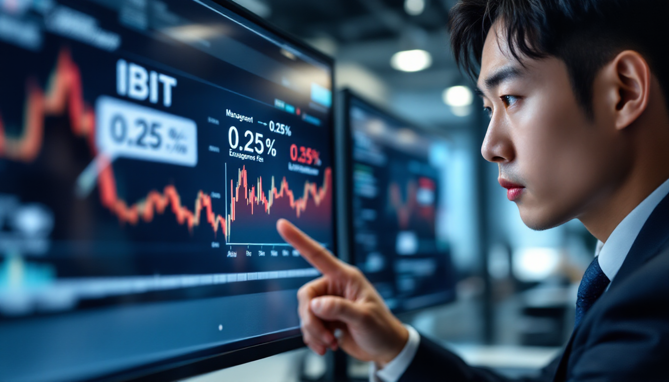 모니터를 가리키며 IBIT 차트와 운용보수 0.25 percent를 보여주는 한국인 애널리스트의 근접 실사 사진