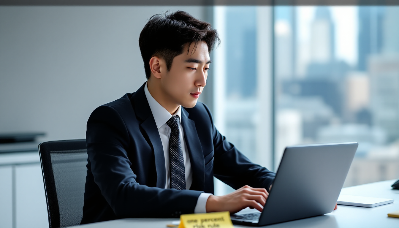 노트북 화면에 마이크로 이미니 나스닥 차트와 영문 메모가 보이는 생각에 잠긴 한국인 트레이더의 사진