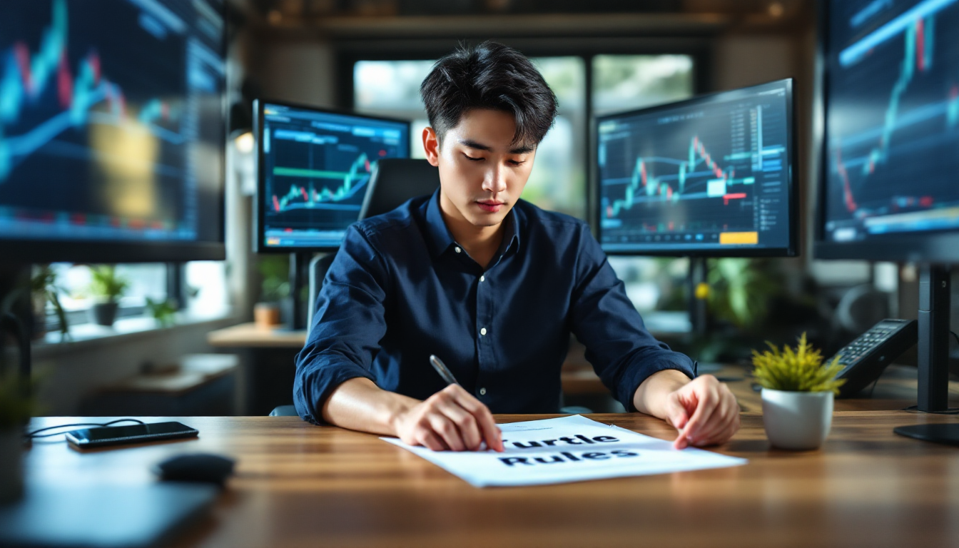 한국인 트레이더가 TradingView 차트와 Turtle Rules 문서로 공부하는 실사 고화질 이미지