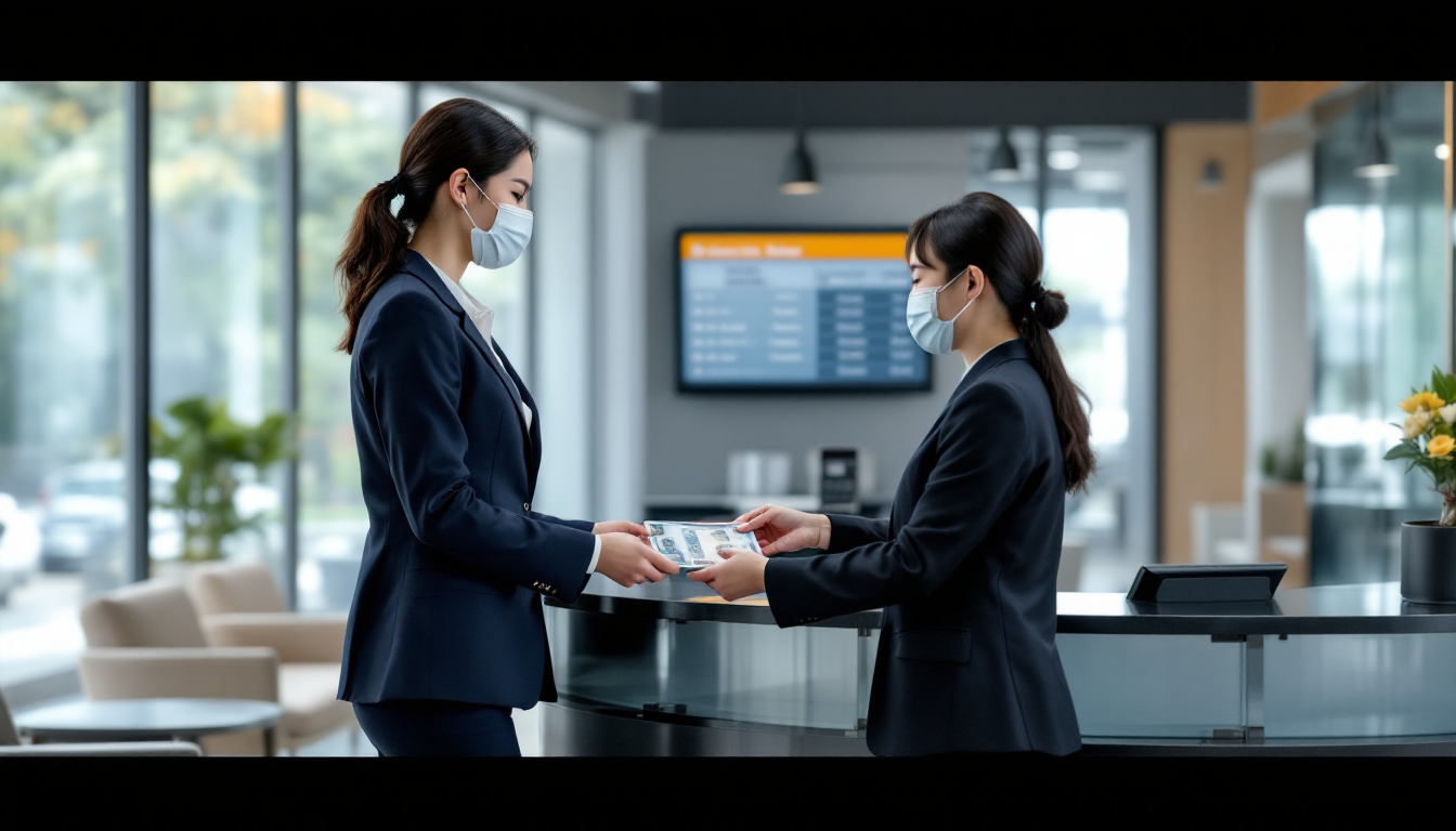 은행에서 배당금을 현금으로 수령하는 한국인 여성의 모습