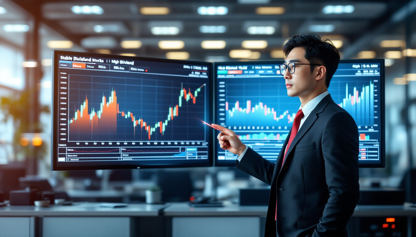 배당주와 고배당주의 차이를 비교 분석하는 이중 모니터 화면