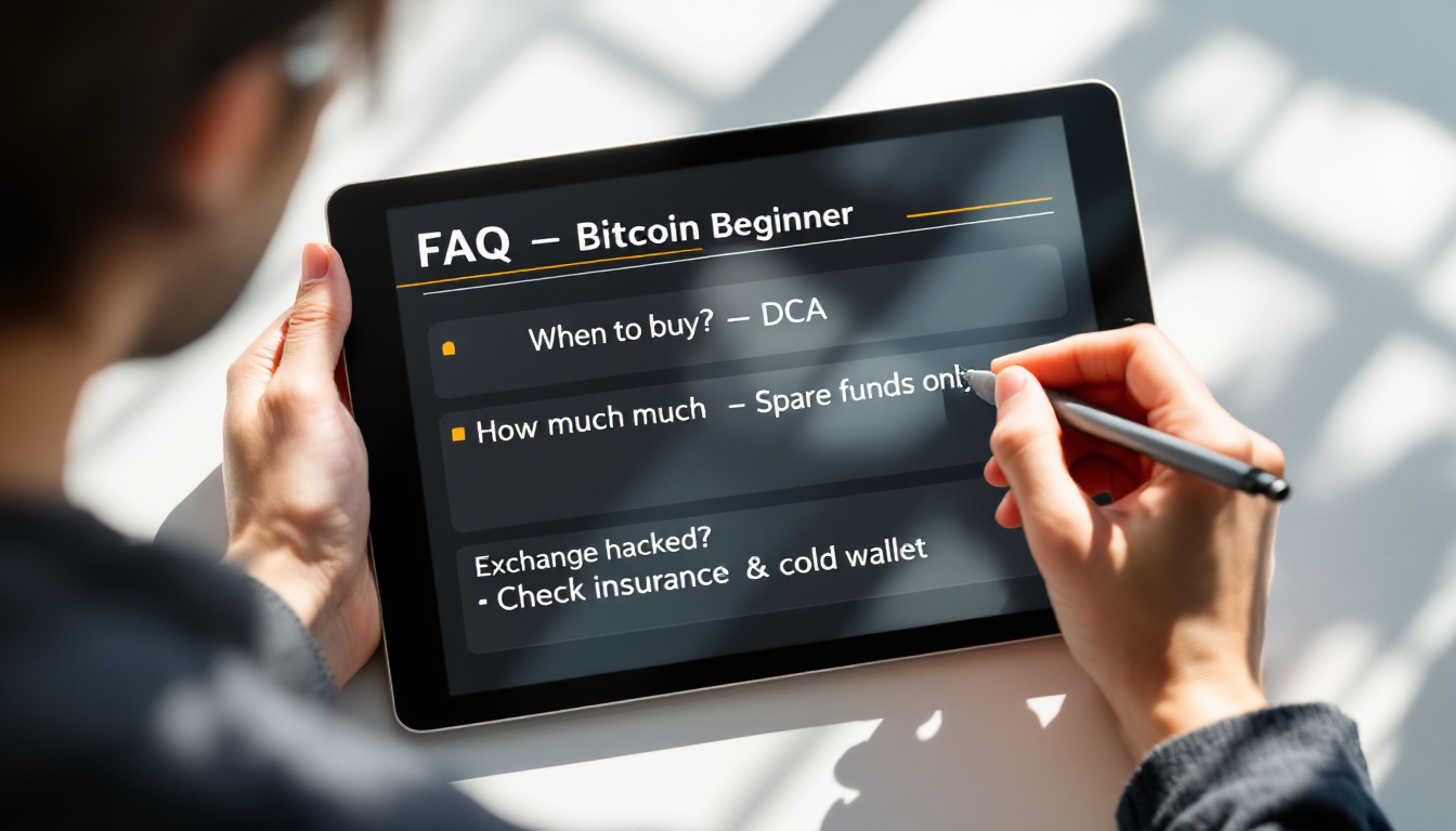 DCA, 투자 금액 등 초보자 FAQ가 영어로 표시된 화면을 읽으며 메모하는 한국인.