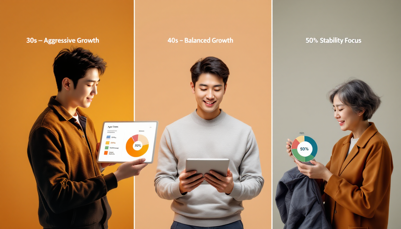 30대(공격형), 40대(균형형), 50대(안정형)를 세로 패널로 보여주는 포트폴리오 시각화, 각 연령대별 자산비중 차트가 표시된 장면
